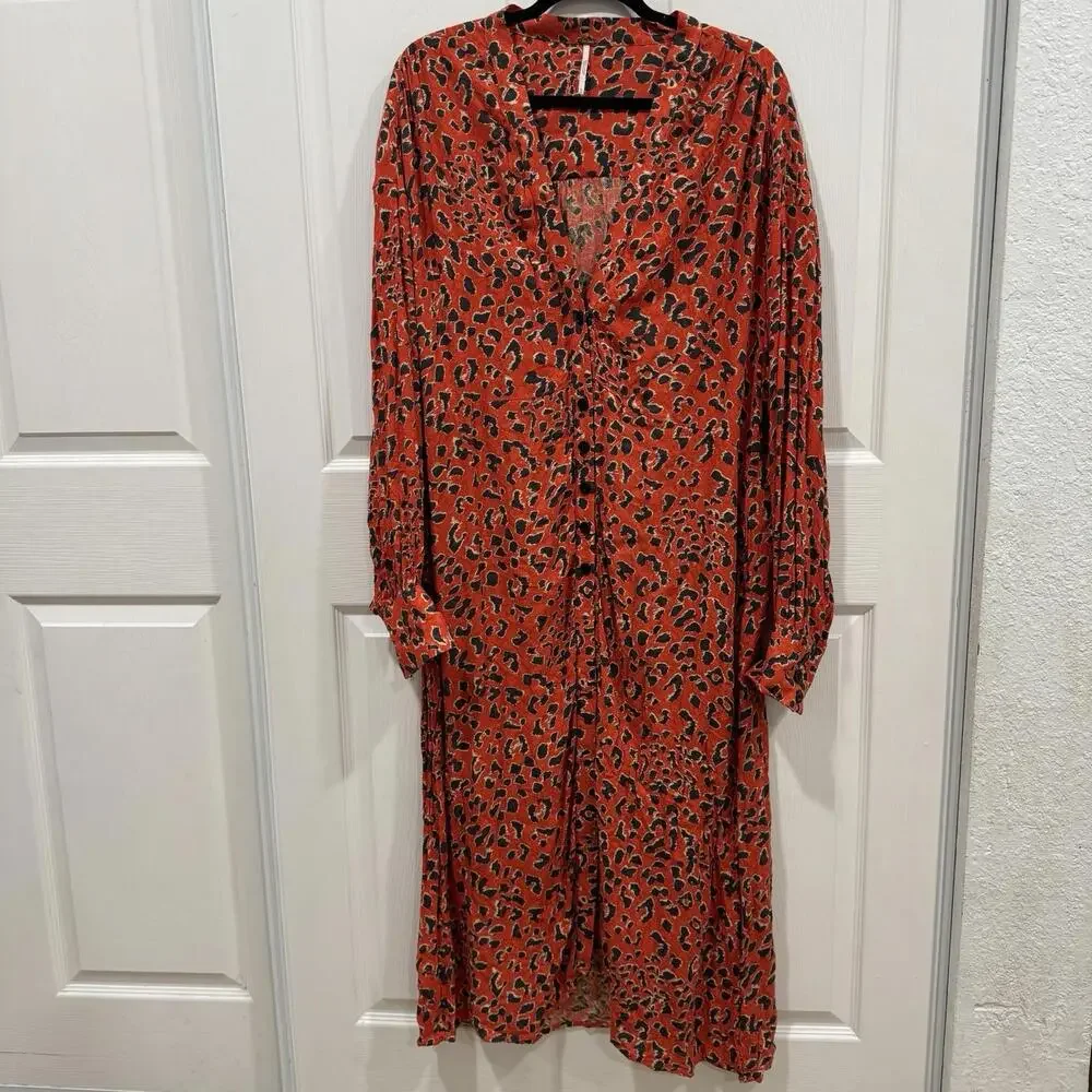Free People Cest Moi Leopard Print Long Maxi Top, Orange Red,‎ Medium, RRP $148
